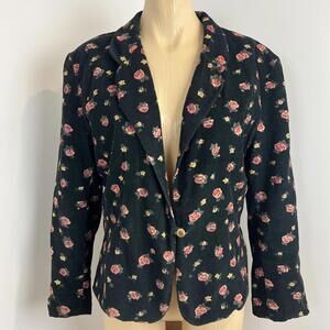 VTG April Cornell Womens Medium Mini Corduroy Black Pink Floral Blazer Jacket